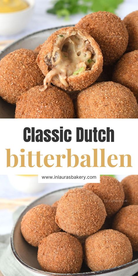 Try this classic savory Dutch snack. These fried meatballs are made from a thick, meaty gravy that is rolled in breadcrumbs for a crispy bite. Bitterballen Recipe, Classic Savory, Fried Meatballs, Sausage Rolls Recipe, Recipes Appetizers And Snacks, Dutch Recipes, Oven Dishes, Cookies Recipes, Bakery Recipes