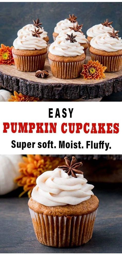 These pumpkin cupcakes have the ideal texture. They are light and tender and incredibly moist! Pumpkin Cupcakes With Cinnamon Cream, Pumpkin Cupcakes With Cream Cheese, Coffee Cake Cookies, Pumpkin Cupcake Recipes, Brown Sugar Frosting, Cinnamon Cream Cheese, Frozen Pumpkin, Cupcakes With Cream Cheese Frosting, Pretty Cupcakes