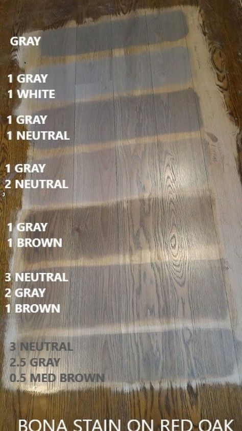 I like 1 Gray,, ! brown....takes the oarange out of the red oak without going too gray Grey Stained Wood Floors, Gray Brown Wood Floors, Gray Stained Wood Floors, Bona Floor Stain, Gray Oak Floors, Stains On Red Oak, Gray Wood Stain, Grey Wood Stain, Red Oak Flooring