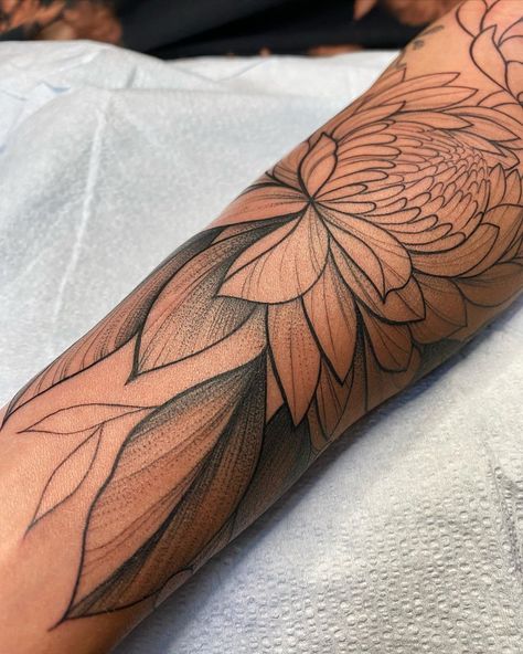 Protea Tattoo Black And White, Australian Botanical Tattoo, King Protea Tattoo, Protea Flower Tattoo, Protea Tattoo, Side Neck Tattoo, Ink Flowers, Native Tattoos, Bouquet Tattoo