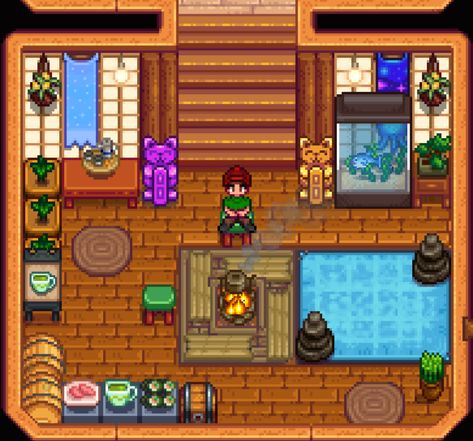 this is based off someone else's room design but I made my only little liberties to it, the thing in the middle is an irori which I used a cooking kit to resemble as close to the real thing but you can also use a campfire Stardew Valley Japanese, Stardew Room Design, Farm Layout Ideas, Stardew Decor, Stardew House, Campfire Ideas, Stardew Valley Farm Layout, Stardew Ideas, Stardew Farm