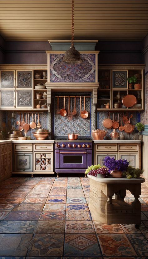 Experience the regal charm of this Mediterranean kitchen, where deep purple walls and natural wood cabinets create a luxurious atmosphere. 🌿 The grape vine mosaic backsplash and copper accents add a touch of rustic elegance, while fresh grapes and irises contribute to the majestic vibe. 💜 Pin and follow for more opulent kitchen inspiration! Dark Academia Kitchen, Natural Wood Cabinets, Dwell Kitchen, Greenhouse Kitchen, Black Kitchen Decor, Mediterranean Interior Design, Makeover Kitchen, Copper Kitchen Decor, Mediterranean Interior