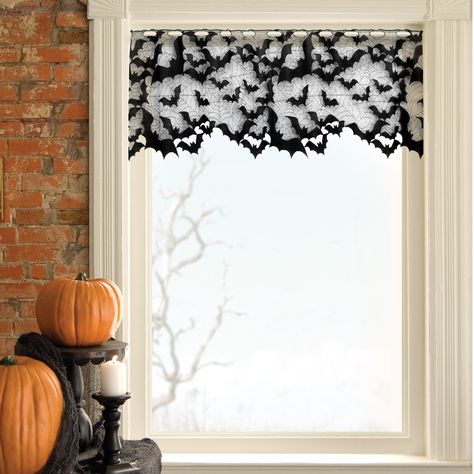 Heritage Lace Going Batty 4 Way Shade | Wayfair Halloween Mantle Scarf, Window Toppers Ideas Valances, Mantle Scarf, Lace Valances, Window Toppers, Halloween Mantle, Bat Pattern, Door Swag, Halloween Window