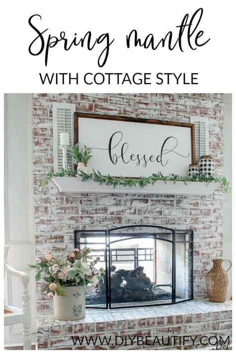 Simple Spring Mantle, Mantle Decorating Ideas Fireplace, Mantle Decorating Ideas With Tv, Mantle Decorating Ideas Christmas, Whitewashed Fireplace, Mantle Decorating Ideas Farmhouse, Fireplace Hearth Decor, Hearth Decor, Spring Mantle Decor