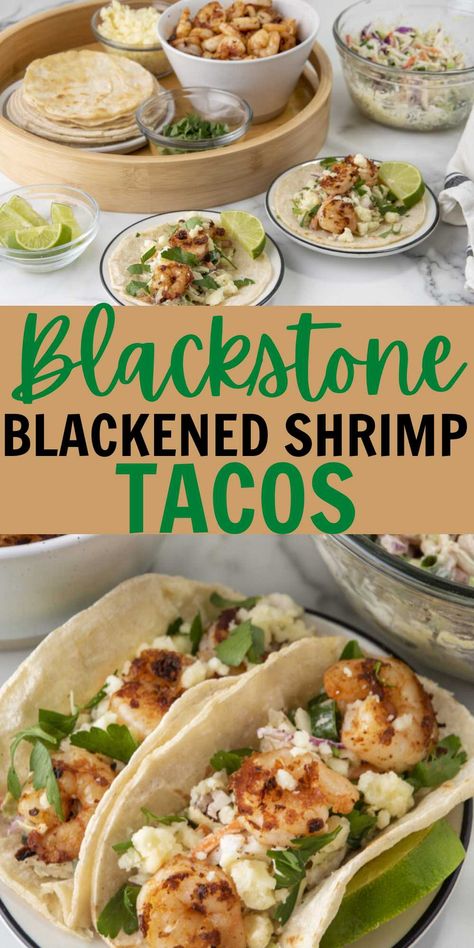 Blackstone Blackened Shrimp Tacos - grillonadime.com Shrimp Tacos On Blackstone, Shrimp Blackstone Recipes, Blackstone Shrimp Tacos, Weight Watchers Blackstone Recipes, Blackstone Shrimp, Shrimp Taco Seasoning, Blackened Shrimp Tacos, Blackstone Recipe, Shrimp Tortilla