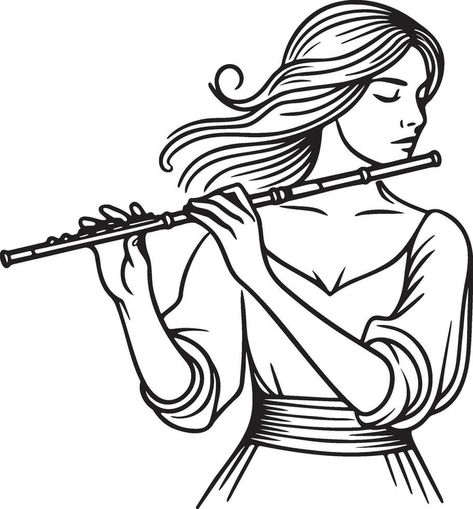 Woman Play Flute Line Drawing. Flute Sketch, Flute Clipart, Flute Drawing, Tree Saw, Wedding People, Heart Tree, Cityscape Photos, Logo Banners, Girls Play