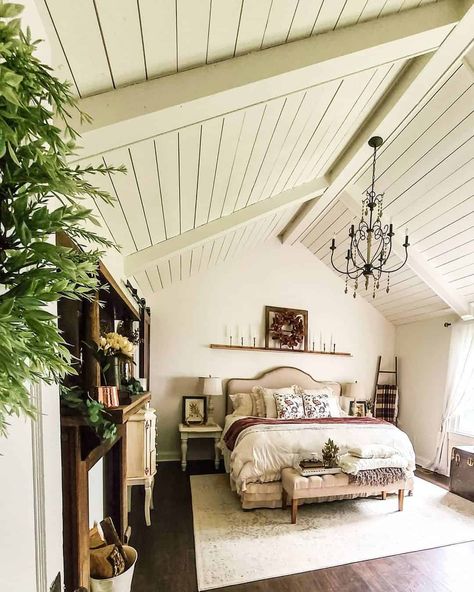 Tongue and Groove Vaulted Ceiling - Soul & Lane Bedroom With Shiplap, Dark Wood Bed Frame, White Upholstered Headboard, Vaulted Ceiling Bedroom, Brick Feature Wall, Cream Bedroom, Cream Bedrooms, Patterned Pillows, Taupe Walls