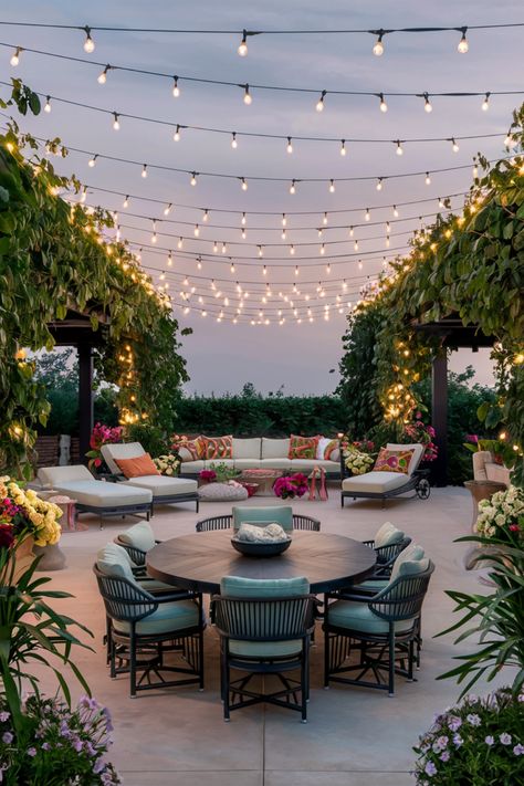 Outdoor patio with string lights, surrounded by lush greenery and colorful flowers, featuring a circular dining table and cushioned seating area. Small Outdoor Dining Area, Patio Arrangement Ideas, Outdoor Room Ideas, Dreamy Patio, Pouf Seating, Small Patios, Simple Dining Table, Round Table And Chairs, Patio Layout