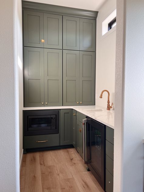 Green cabinets pantry Butlers Pantry Cabinet Colors, Built In Microwave In Pantry, Small Pantry With Fridge, Built In Fridge Wall, Kitchen Layout With Walk In Pantry, Pantry Paint Colors, Walk In Pantry Cabinets, Pantry Built In Cabinets, Butler Pantry Cabinets