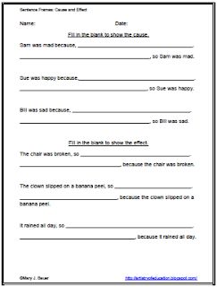 Cause and Effect Sentence Frames   One strategy to help English Language Learners practice academic language is a sentence frame. Students can use these to practice reading writing listening and speaking cause and effect situations. Each related pair of sentences uses a signal word that changes the cause from the front of the sentence to the end of the sentence and vice versa. To download Cause and Effect Sentence Frames please visit this post at Artistry of Education.  cause and effect ELL Mary Sentence Frames, Academic Language, Teacher Freebies, Practice Reading, Classroom Freebies, The Sentence, English Language Learners, Language Learners, Cause And Effect