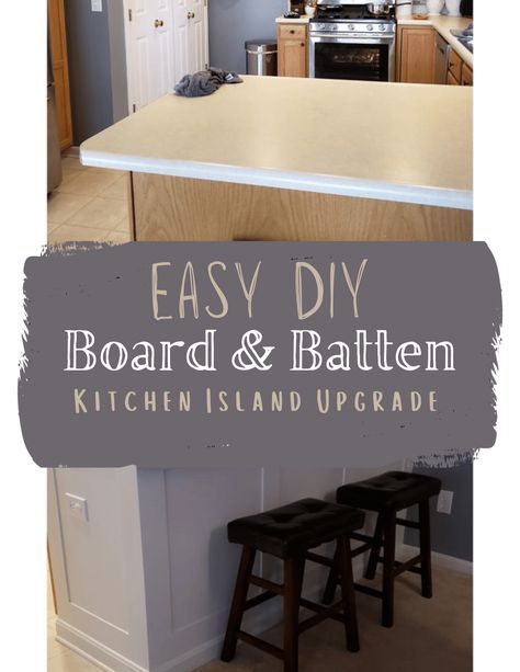 Kitchen Island Wall Design, Update Builder Grade Island, How To Update Kitchen Island, Easy Kitchen Island Makeover, Upgrade Builder Grade Kitchen Island, Island Upgrade Diy, Builder Grade Kitchen Island Makeover, Builder Grade Kitchen Update, Board And Batten Island Kitchens