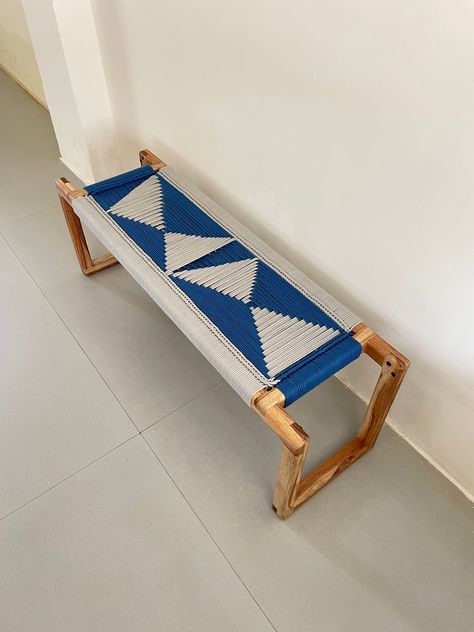 The woven bench is a handmade piece that brings a sculptural, playful air to any entryway or living space. Each bench is crafted with care using a weaving technique with cotton cord and natural finish wood that is beautiful, functional and lasts for years. * Dimensions pictured: 47" x 14" x 16" + Hand woven with 4 mm Braided cotton cord  + Bench structure is made up of domestically sourced wood  + Uses: bedroom, living room, entryway, balcony, garden + Assembly: Basic Assembly Is Required + Warr Modern Mexican Furniture, Bench Minimalist, Modern Entryway Bench, Minimalist Bench, Woven Bench, Painted Benches, Mexican Furniture, Modern Mexican, Woven Chair