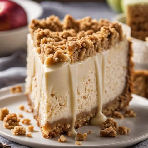 Heavenly Spiced Apple Cheesecake with a Crispy Cookie Base and Oat Crumble – From 📌Pin To Plate🍰 Apple Crumble Cheesecake, Milk Recipes Dessert, Flavored Cookies, Cinnamon Crumble, Sweet Glaze, Cookie Base, Apple Cheesecake, Oat Crumble, Crispy Cookies