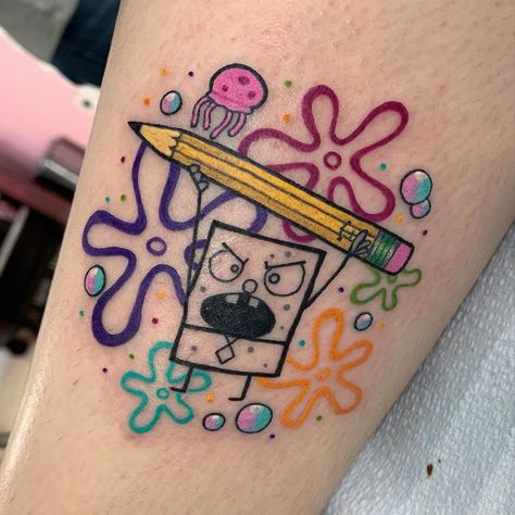 @melvin_arizmendi on Instagram: “Some bff doodle bobs from awhile back 🖤. Thank you Eevee & Brie ✏️✨” Bubble Buddy Tattoo, Enderman Tattoo, Unhinged Tattoos, Mystery Machine Tattoo, Plumbob Tattoo, Doodlebob Tattoo, Spongebob Matching Tattoos, Doodle Bob Tattoo, Spongebob Tattoo Ideas