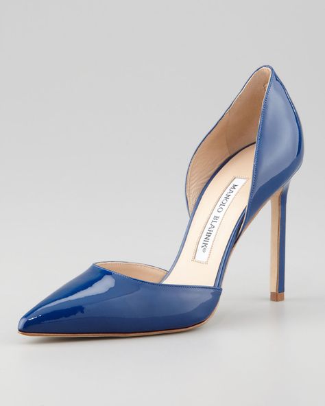 Manolo Blahnik Tayler Patent Pointed d'Orsay Pump, Blue Manolo Blahnik Blue, Formal Pumps, Manolo Blahnik Heels, Pointy Toe Heels, Blue Pumps, Blue Heels, Fashion Heels, Fashion High Heels, Boot Bag