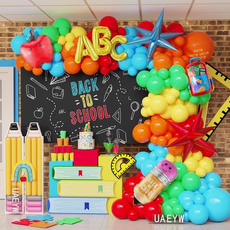 PRICES MAY VARY. 【What You Will Get】:31pcs blue balloons,26pcs orange balloons,25pcs green balloons,30pcs red balloons,30pcs yellow balloons,3pcs school foil balloons(school bag,pencil,apple),3pcs ABC letter balloon,2pcs explosion star balloons,1pcs balloon arch strip tape,1 roll of 100 dot glue. These bright and vibrant colors can create an energetic and cheerful atmosphere. 【Premium Materials】:Our back to school party balloons are made of natural latex, non-toxic. All materials are of high qua School Balloon Arch, Back To School Balloon Arch, Kindergarten Welcome, Kindergarten Graduation Decorations, First Day Of School Kindergarten, Back To School Displays, Pencil Apple, Abc Party, Welcome To Kindergarten