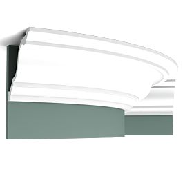 Flexible version of the C334. Classic, elegant swan-neck cornice moulding. Thanks to its Flex technology, curved walls and surfaces are no problem. Installation remark: It is necessary to screw this profile on the wall. Flex Radius: R min = 380 cm Cornice Moulding, Hallway Makeover, Flexible Molding, Orac Decor, Polyurethane Resin, Swan Neck, Curved Walls, White Ceiling, Installation Manual