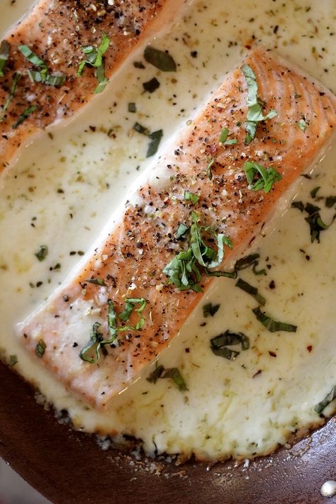 Baked Salmon in Parmesan Cream | farmgirlgourmet.com Salmon Parmesan Cream Sauce, Salmon With Parmesan Cream Sauce, Baked Salmon With Cream Sauce, Parmesan Cream Sauce For Fish, Keto Sauce For Salmon, Creamy Baked Salmon, Salmon In Cream Sauce, Gourmet Keto, Cheesy Mashed Cauliflower