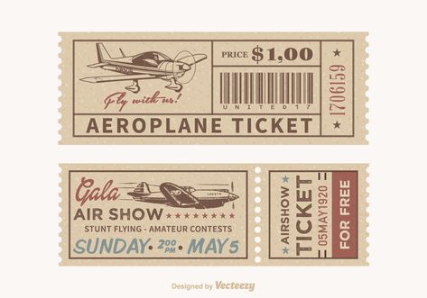 Free Vector Retro Airplane Tickets Aesthetic Tickets Printable, Vintage Airplane Aesthetic, Retro Ticket Design, Vintage Ticket Design, Airplane Ticket Aesthetic, Plane Ticket Aesthetic, Vintage Plane Ticket, Aesthetic Ticket, Airplane Ticket Template