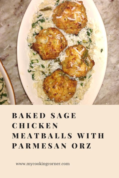 Elevate your dining experience with our delectable Baked Sage Chicken Meatballs paired with Parmesan Orzo. This culinary masterpiece combines succulent ground chicken infused with aromatic sage and Parmesan, baked to perfection. #chicken #recipeidea #dinner #orz #baked #valentinescooking Sage Chicken Meatballs, Chicken Meatballs With Orzo, Sage Chicken, Parmesan Orzo, Chicken Meatballs, Ground Chicken, Orzo, Dinner Tonight, Dining Experiences