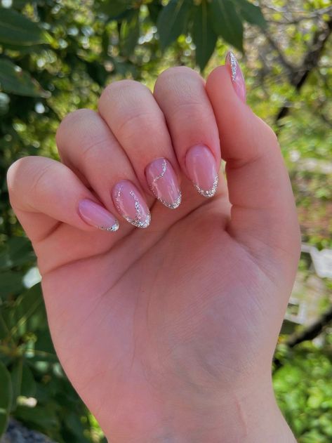 Silver And Pink Nails, Sparkly French Tip Nails, Hoco Nails, Glitter Tip Nails, Acrylic Nails Nude, Cute Pink Nails, Nail Ring, Acrylic Nails Coffin Short, Acrylic Nails Coffin