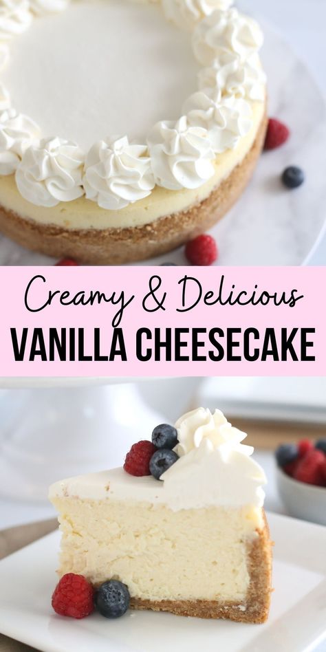 Vanilla cheesecake is a smooth and creamy New York style cheesecake that is light and fluffy. The perfect easy homemade vanilla cheesecake recipe. Simple Vanilla Cheesecake Recipe, Vanilla Bean New York Cheesecake, Light Fluffy Cheesecake, Light And Creamy Cheesecake, 8 In Cheesecake Recipe, Light And Fluffy Cheesecake Recipe, Light Fluffy Cheesecake Recipes, 6in Cheesecake Recipe, Best Ever Cheesecake