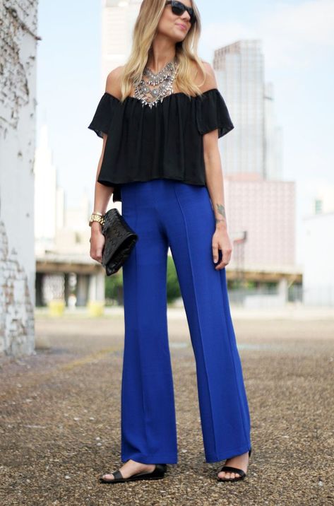 Blue Wide Leg Pants Outfit, Comfortable Work Clothes, Blue Pants Outfit, Blue Wide Leg Pants, Royal Blue Pants, Elegant Work Outfits, Wide Leg Pants Outfit, Leg Pants Outfit, Off The Shoulder Tops