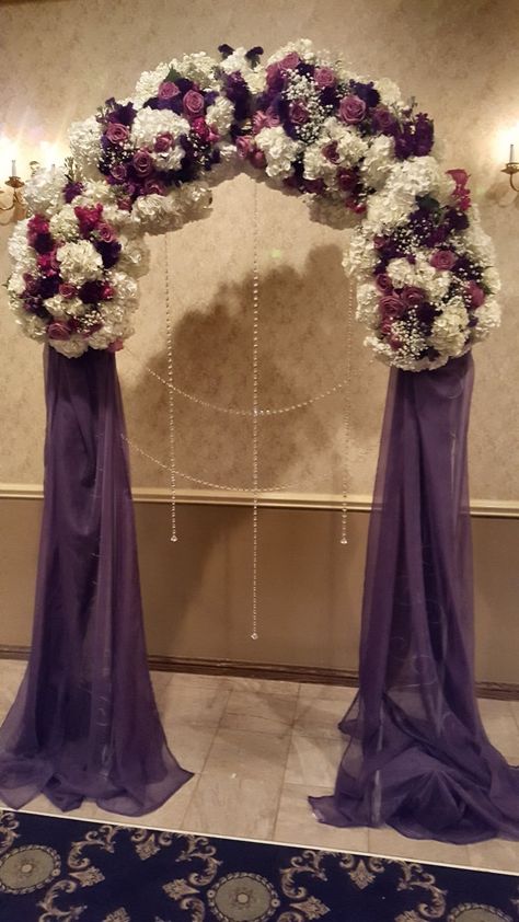 Purple wedfing arch by  Our Decor Events www.ourdecorevents.com Purple Wedding Arch, Minimal Wedding Decor, Sept Wedding, Plum Blush, White Wedding Arch, Purple Quince, Purple And Gold Wedding, White Wedding Decorations, Red Wedding Theme