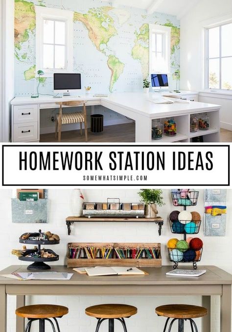 Set your kids up with some serious Back-to-School SUCCESS by making a special spot to study and complete their homework assignments! Here are 10 of our favorite homework station ideas you can create in your home! #homeworkstation #homework #homeoffice #kidsdesk Homework Space Study Areas, Living Room Homework Station, Homework Room And Office, Kids Desk Area In Playroom, Office Desks For Home Work Stations, Homework Board For Home, Home Office And School Room, Office Homework Room Study Areas, Ikea Homeschool Room Desks