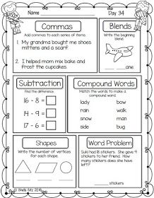 Morning Work For First Grade First Day Of School Morning, First Grade Morning Work, Free Morning Work, First Grade Freebies, Phonics Worksheets Free, Fraction Word Problems, Blends Worksheets, Writing Folders, School Morning