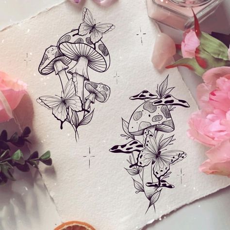 Enchanted Tattoo Ideas, Mushroom Butterfly Tattoo, Mushroom Flower Tattoo, Mushroom And Flowers Tattoo, Woodland Drawing, Aura Tattoos, Cyberciligism Tattoo, Positivity Tattoo, Hirsch Tattoo