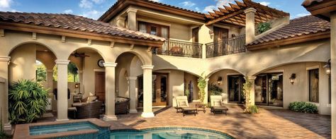 Why Homebuyers are Seeking this Unique New Trend in Real Estate Tuscany Style Home, Bathroom Mediterranean, Tuscan Architecture, House Columns, Mediterranean Mansion, Mediterranean House Plan, High Arches, Square Columns, Mediterranean Style House Plans