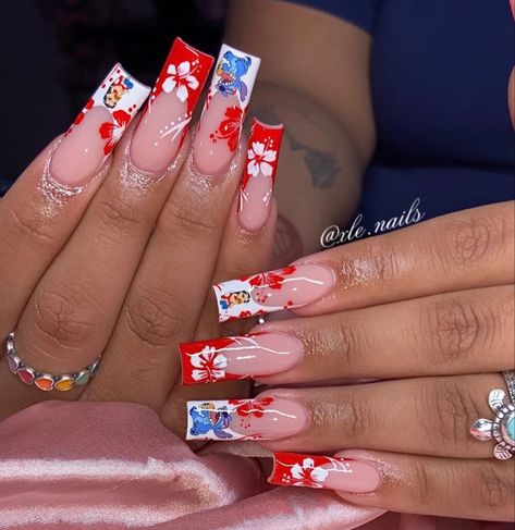 Nails by xle. nails Lilo Stitch Nails, Stitch Themed Nails, Disney Nails Stitch, Lilo And Stitch Nail Designs, Stitch Acrylic Nails, Stitch Nails Disney, Stitch Nail Designs, Disney Themed Nails Acrylic, Lilo And Stitch Nails