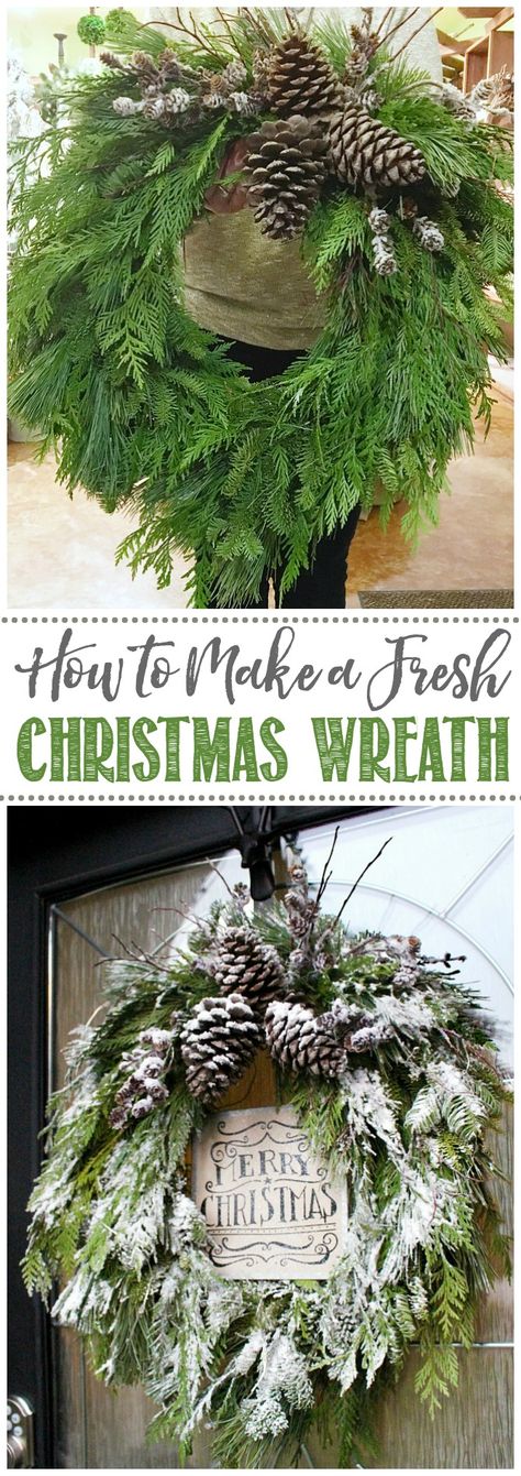 Easy tutorial on how to make a real Christmas wreath using fresh greenery. So pretty for your front porch or Christmas decor! #christmaswreath #freshgreenery #christmasdecorating #christmasdecor #christmasfrontporch Diy Fresh Wreath Christmas, How To Make A Real Christmas Wreath, Real Christmas Wreaths Diy, Diy Real Wreath, Diy Real Wreath Christmas, Fresh Christmas Wreaths Diy, Real Wreaths Christmas, How To Make A Fresh Christmas Wreath, Diy Real Christmas Wreath