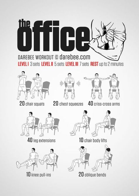 No-equipment office workout for all fitness levels. Visual guide: print & use. Office Chair Workout, Darebee Workout, Office Workout, 100 Workout, Desk Workout, Office Exercise, Chair Exercises, Workout At Work, Cardio Routine