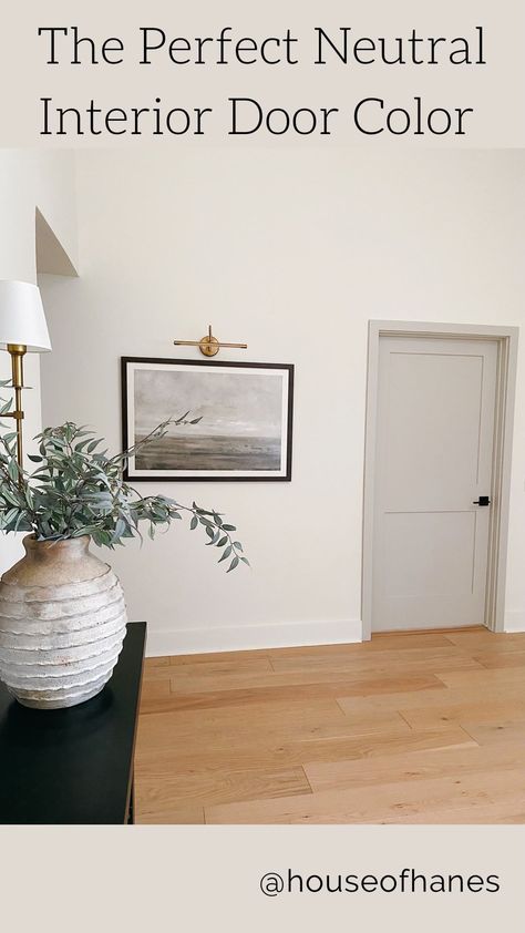 Ashley | Home Decor & DIY on Instagram: “Looking for a sign to paint your interior doors?⁣ ⁣ This neutral pop of color to our interior doors and trim was the perfect compliment to…” White Walls Greige Doors, Dorian Gray Interior Doors, Grey Inside Doors, Doors Colors Interior Indoor, Greige Doors And Trim, Painting Doors Same Color As Walls, Door Colors With White Walls, Contrast Interior Doors, White Walls Grey Doors