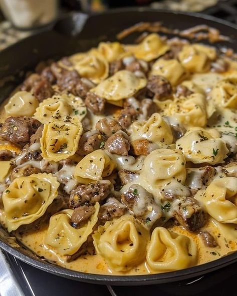 Tortellini Stroganoff, Nonnas Italian Recipes, Cheesesteak Tortellini, Hamburger Dinner, Cooking Projects, 100 Anniversary, Tortellini Recipes, Tortellini Pasta, Fusion Dishes