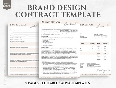 Editable Brand Design Contract Template, Freelance Graphic Design Service Agreement, incl. Intake Form and Invoice Template, Canva editable #3065 Design Contract Template, Graphic Design Contract, Graphic Design Invoice, Design Invoice, Graphic Design Clients, Employment Form, Invoice Format, Service Agreement, Design Contract