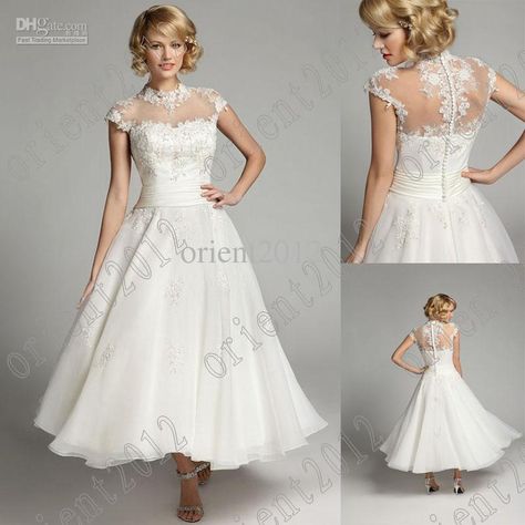 Elegant High Collar Tea length Waist bridal dress lace Empire wedding dresses 2013 buy 1 get 2 Wedding Dress Illusion Back, Short Bridal Gown, Short Sleeve Wedding Dress, Empire Wedding Dress, High Neck Wedding Dress, Beach Bridal Gown, Bridal Dresses Lace, 2015 Wedding Dresses, Tea Length Wedding Dress