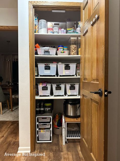 Deep Pantry Storage Ideas, How To Organize A Narrow Deep Pantry, Organize Deep Pantry, Deep Pantry Storage, Deep Closet Organization Ideas Storage, Deep Narrow Pantry, Inexpensive Pantry Organization, Deep Pantry Closet Organization, Deep Shelf Pantry Organization Ideas