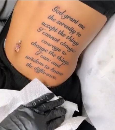 Different Neck Tattoos, Writing Stomach Tattoos, Full Back Tats Women, Sleave Tats For Women, Bible Verse Stomach Tattoo, Tattoos Representing God, Script Side Tattoos Women, Bible Scripture Tattoos Black Woman, Stomach Quote Tattoos