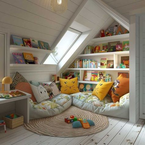 Bed In Eaves, Attic Room Playroom, Small Attic Playroom Ideas, Attic Art Room, Lofted Play Space, Themed Playroom Ideas, Small Attic Playroom, Kids Attic Room, Boys Attic Bedroom Ideas