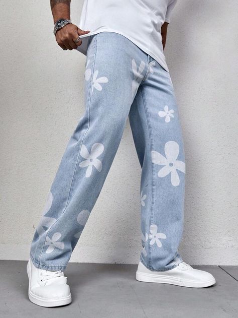 Pattern Pants Men, Men Jeans Design, Jeans Design Ideas Men, Shein Outfits For Men, Streetwear Fashion Pants, Graphic Jeans, Vest Jeans, Flower Pants, Jeans Claro