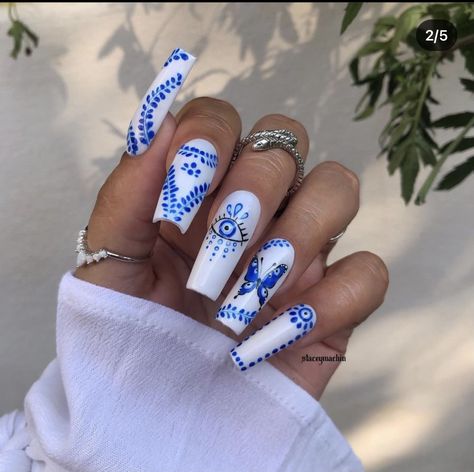 White Summer Nails, Eye Butterfly, Blue And White Nails, Evil Eye Nails, Makeup Nails Designs, Retro Nails, Tiny Camper, Gel Nail Art Designs, Blue Nail Designs