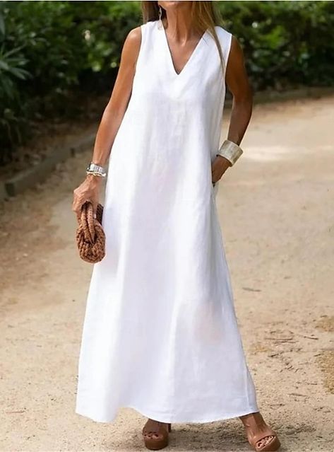 Boho Dresses Long, Sleeveless Skirt, Basic Skirt, Dress Sleeve Length, Casual White Dress, Boho Summer Dresses, Cotton Linen Dresses, Loose Outfit, Spring Women