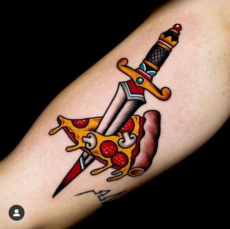 Pizza Slice Drawing, Old School Pizza, Dumbest Tattoos, Friends Tattoos, Pizza Tattoo, Pizza Cartoon, Food Tattoos, Slice Of Pizza, Dagger Tattoo