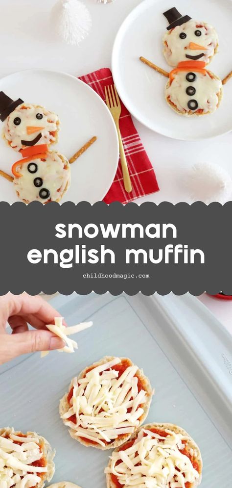 Snowman English Muffin Personal Pizza (A Winter Snack Idea!) - Vegan English Muffins, Snowman Pizza, Personal Pizzas, Pasta Crafts, Tomato Pizza Sauce, White Pizza Sauce, Pasta Marinara, English Muffin Pizza, Winter Snack