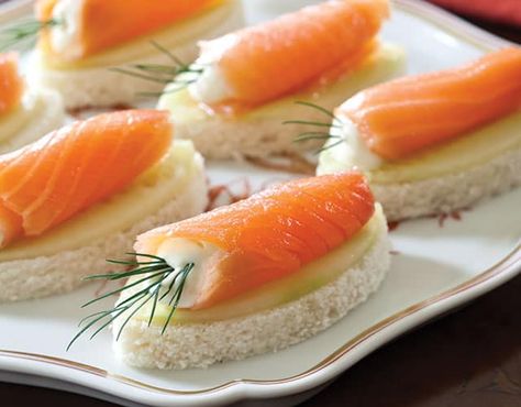 “These scrumptious salmon canapés are perfect any time of day.” Salmon Canapes, Salmon Cucumber, High Tea Ideas, Tea Party Sandwiches, Tea Sandwiches Recipes, Sandwiches Recipes, Afternoon Tea Recipes, Party Sandwiches, High Tea Party