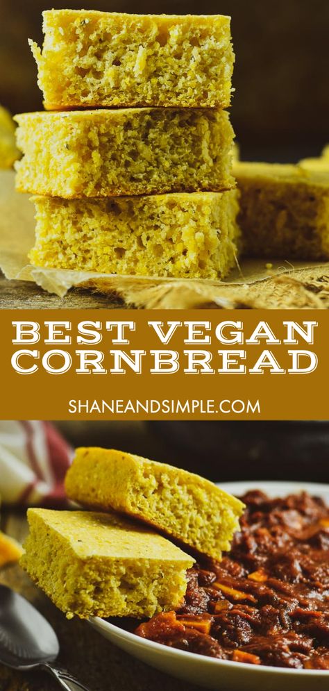 The BEST Vegan Cornbread recipe. No oil, easy, and ready in less than 30 minutes. It goes great with chili, soups, stews, or just enjoy all by itself! Vegan Cornbread Recipe, Vegan Cornbread, Sweet Cornbread, Cornbread Recipe, Vegan Side Dishes, Vegan Sides, Vegan Bread, Corn Bread Recipe, Vegan Baking