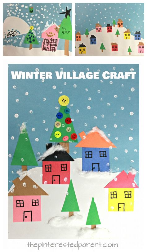 Create these lovely winter Christmas villages with simple shapes and craft materials. Kid's arts and crafts for the holidays with construction paper. Christmas villages with houses, trees and snow Winter Art Ideas For Kids, Construction Paper Crafts, Arts And Crafts For Teens, Winter Art Projects, 4 December, Arts And Crafts House, Easy Arts And Crafts, Art And Craft Videos, Winter Crafts For Kids